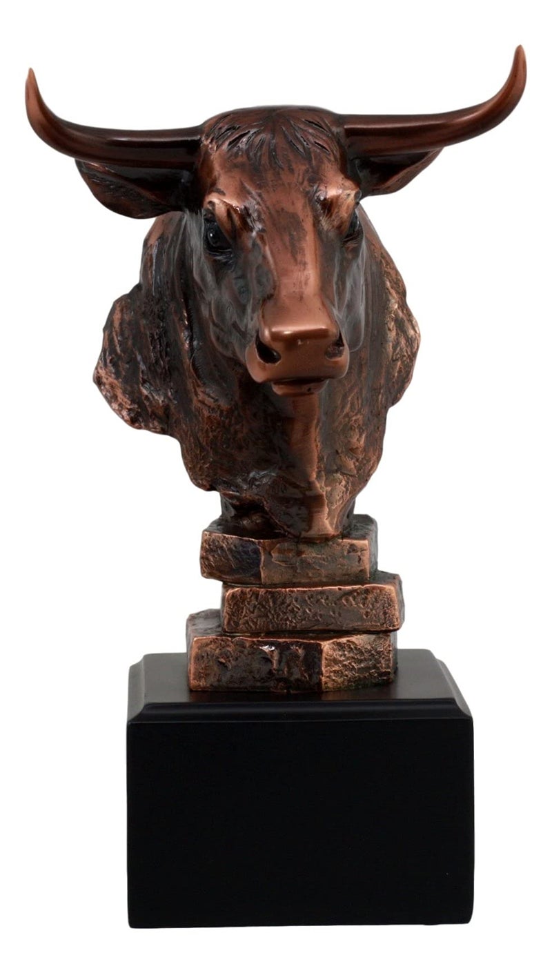 Ebros Gift Ebros Wildlife Bull Bust Statue On Pedestal Base Bronze Electroplated Figurine Great Gift for Stock Investors and Office Decor - Image 1