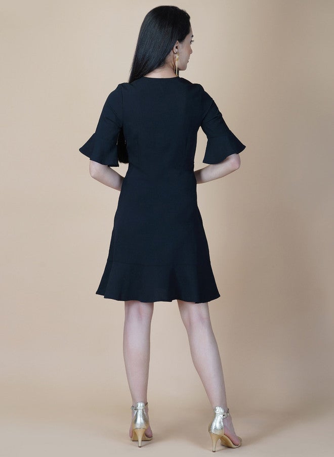 RAASSIO فستان أسود من الكريب على شكل حرف A للنساء - Image 5