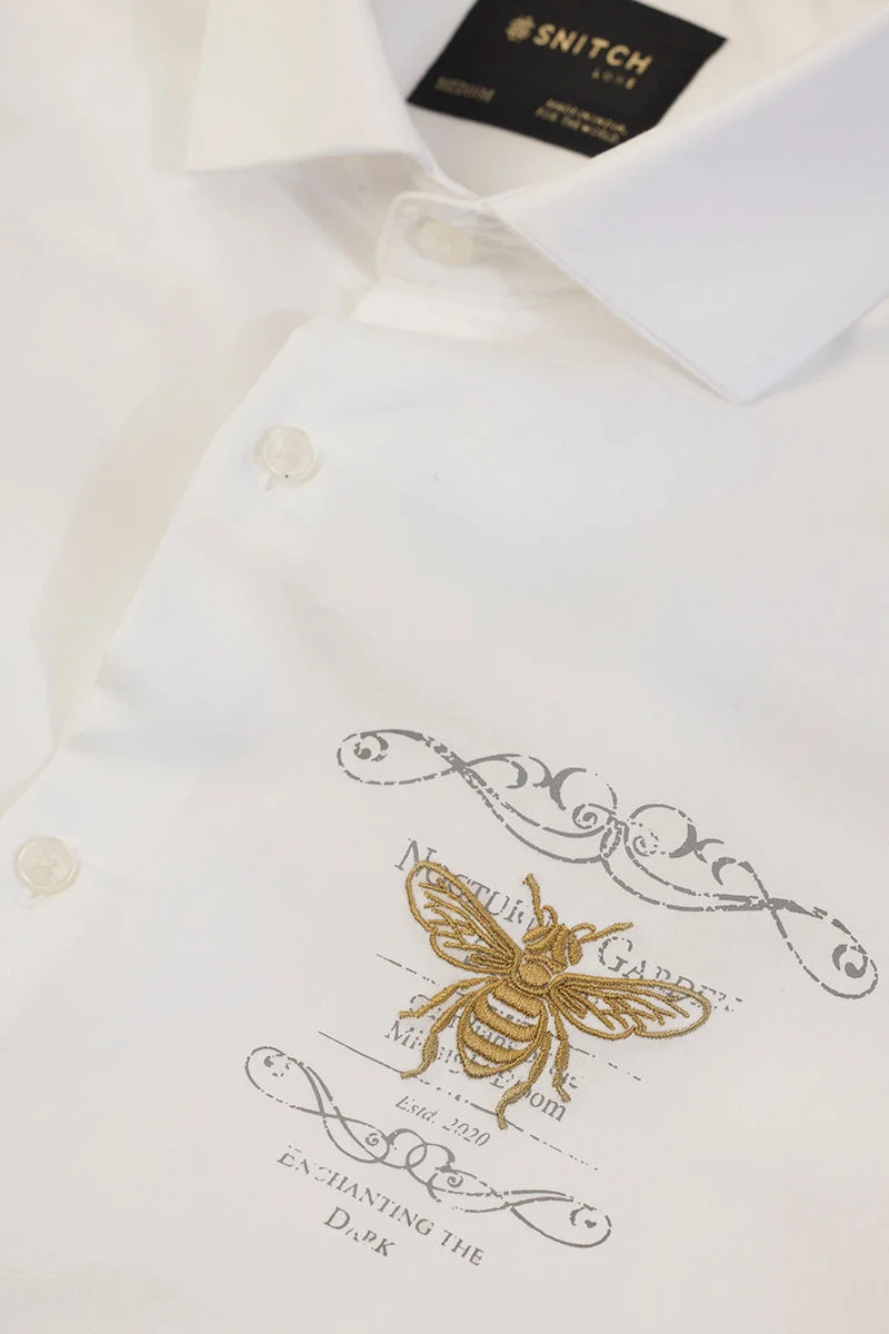 سنيتش White Embroidered Long Sleeve Slim Fit Formal Shirt