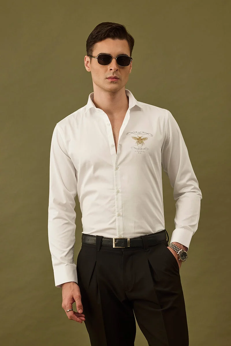سنيتش White Embroidered Long Sleeve Slim Fit Formal Shirt