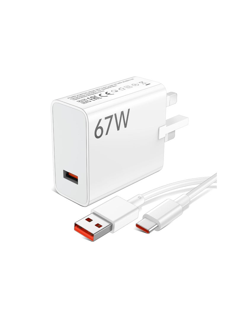 Generic - 67W USB Plug Turbo Charger ,USB Fast Charger Plug with Type C Turbo Charging Cable,USB-C Power Adapter for Redmi Note 14/13/12/11/10 Pro/Mi 15/14 Ultra/14T/14/13T/12X/11T/Pad 7/Pad 6/POCO X6/X5 - Image 1