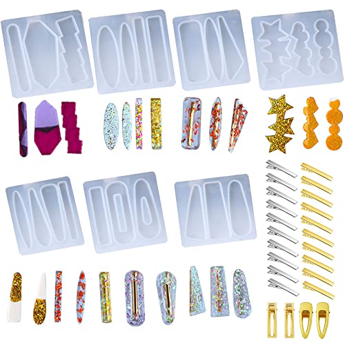 Cayway Hair Pin Casting Mold Set Kit 7 PCS Hair Clip Resin Molds Silicone Jewelry Molds and 24 PCS Metal Clip for Hair Pin Keychain Bookmark Pendant