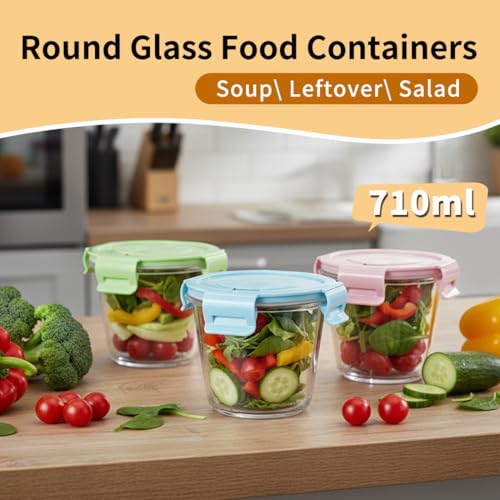 S.ROKE TTAN 3 Cup Round Glass Food Containers With Airtight Lids, BPA-Free 23oz Round Glass Soup Storage Container Set,Food bowls for Leftover, Microwave, Dishwasher, Fridge and Freezer Safe - Image 5