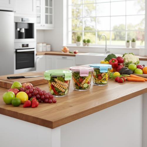 S.ROKE TTAN 3 Cup Round Glass Food Containers With Airtight Lids, BPA-Free 23oz Round Glass Soup Storage Container Set,Food bowls for Leftover, Microwave, Dishwasher, Fridge and Freezer Safe - Image 3