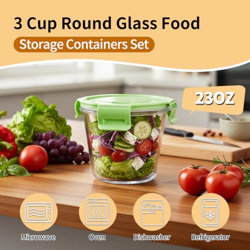 S.ROKE TTAN 3 Cup Round Glass Food Containers With Airtight Lids, BPA-Free 23oz Round Glass Soup Storage Container Set,Food bowls for Leftover, Microwave, Dishwasher, Fridge and Freezer Safe - Image 4