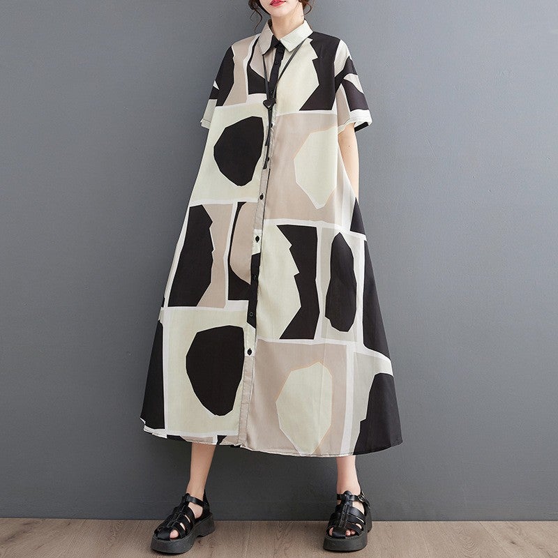 2023 Spring and Summer New European and American Loose Large Size Printed Patchwork Casual Casual Sweet Short Sleeve Dress Green
