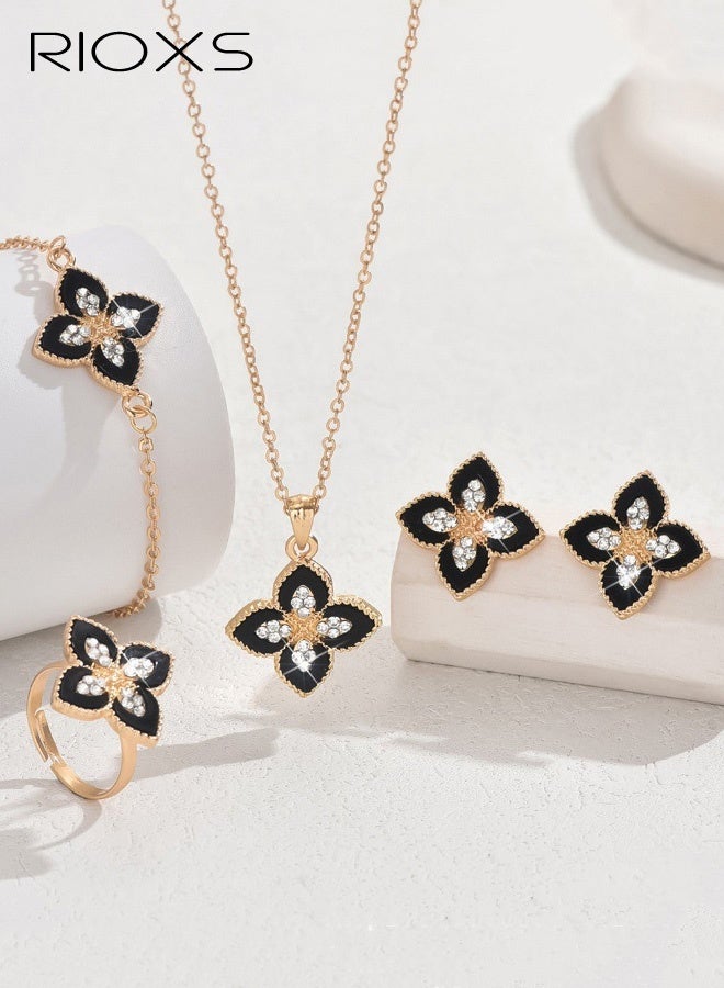 RIOXS 5Pcs Lucky Four Leaf Clover Jewelry Sets, Gold Plated Bracelet Necklace Ring Earrings, Four Leaf Clover Necklace Pendant Earring Bracelet Ring Set , Jewelry Gifts for Women - Image 2