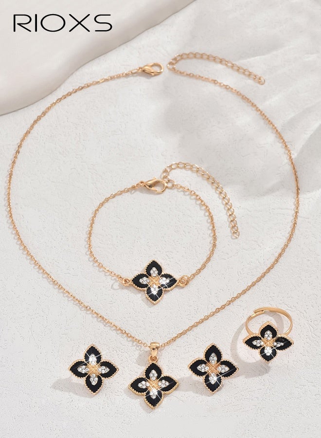 RIOXS 5Pcs Lucky Four Leaf Clover Jewelry Sets, Gold Plated Bracelet Necklace Ring Earrings, Four Leaf Clover Necklace Pendant Earring Bracelet Ring Set , Jewelry Gifts for Women - Image 3