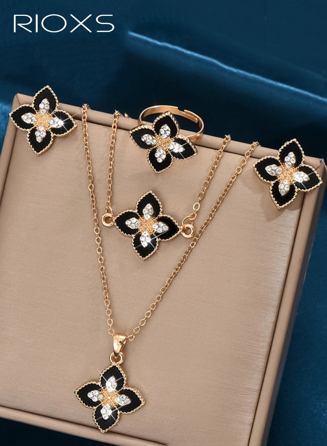 RIOXS 5Pcs Lucky Four Leaf Clover Jewelry Sets, Gold Plated Bracelet Necklace Ring Earrings, Four Leaf Clover Necklace Pendant Earring Bracelet Ring Set , Jewelry Gifts for Women - Image 4