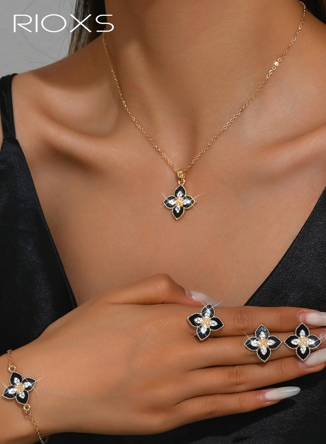 RIOXS 5Pcs Lucky Four Leaf Clover Jewelry Sets, Gold Plated Bracelet Necklace Ring Earrings, Four Leaf Clover Necklace Pendant Earring Bracelet Ring Set , Jewelry Gifts for Women - Image 1