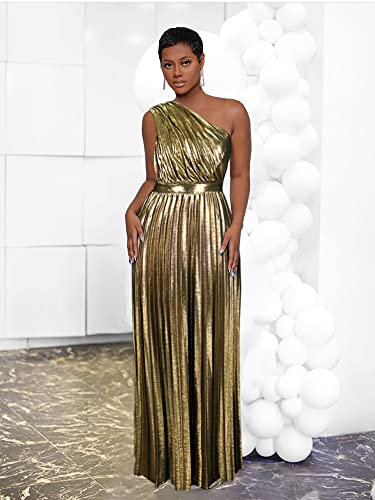 AOMEI Women's Gold Luxury Metallic One Shoulder Sleeveless Elegant Pleated Long Dress (1XL,X-Large) - Image 2