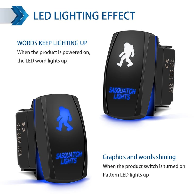 FABOOD F Waterproof 5 Pin SASQUATCH LIGHTS Rocker Switch Laser SPST ON/OFF Two LED Backlit Blue Light 20A 12V For Automotive Motorcycle Truck Boat Marine Off-Road ATV Replace Kit (with Jumper Wire) ¡­ - Image 3