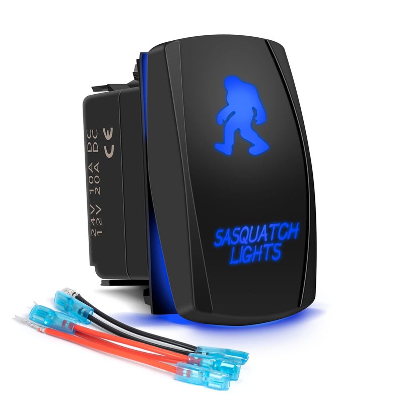 FABOOD F Waterproof 5 Pin SASQUATCH LIGHTS Rocker Switch Laser SPST ON/OFF Two LED Backlit Blue Light 20A 12V For Automotive Motorcycle Truck Boat Marine Off-Road ATV Replace Kit (with Jumper Wire) ¡­ - Image 1