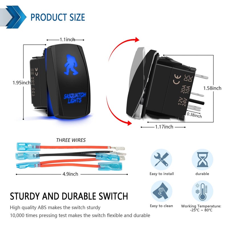 FABOOD F Waterproof 5 Pin SASQUATCH LIGHTS Rocker Switch Laser SPST ON/OFF Two LED Backlit Blue Light 20A 12V For Automotive Motorcycle Truck Boat Marine Off-Road ATV Replace Kit (with Jumper Wire) ¡­ - Image 4