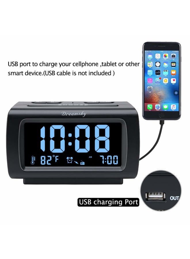DreamSky Decent Alarm Clock Radio with FM Radio, USB Port for Charging, 1.2 Inch Blue Digit Display with Dimmer, Temperature Display, Snooze, Adjustable Alarm Volume, Sleep Timer. - Image 2