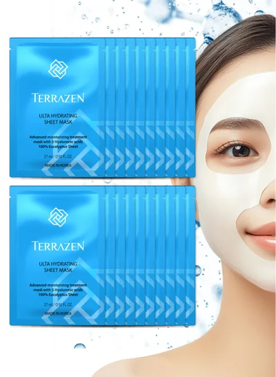 Terrazen AQUA Korean Face Sheet Mask with Hyaluronic Acid 20 Sheet Pack - Natural Beauty Skincare For All Skin Types - Hydrating & Moisturizing for Sensitive Skin