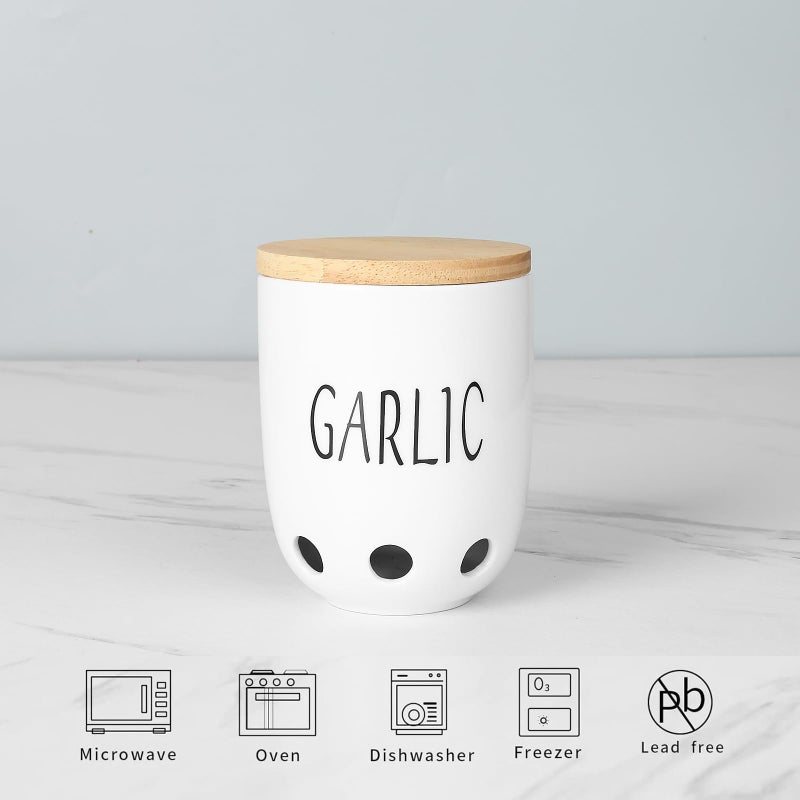 HAOTOP Ceramic Garlic Keeper for Counter, Garlic Saver Container with Wood Lid, Garlic Keeper for Kitchen, Garlic Holder to Keep Your Garlic Cloves Fresh Longer (White) - Image 3