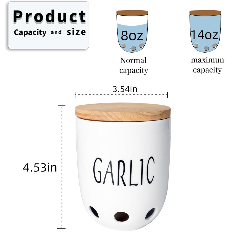 HAOTOP Ceramic Garlic Keeper for Counter, Garlic Saver Container with Wood Lid, Garlic Keeper for Kitchen, Garlic Holder to Keep Your Garlic Cloves Fresh Longer (White) - Image 2