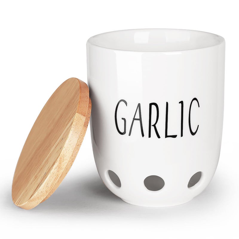 HAOTOP Ceramic Garlic Keeper for Counter, Garlic Saver Container with Wood Lid, Garlic Keeper for Kitchen, Garlic Holder to Keep Your Garlic Cloves Fresh Longer (White) - Image 1