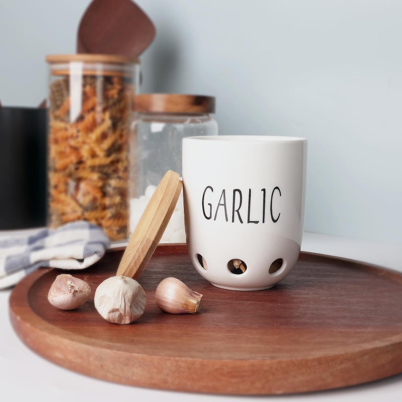 HAOTOP Ceramic Garlic Keeper for Counter, Garlic Saver Container with Wood Lid, Garlic Keeper for Kitchen, Garlic Holder to Keep Your Garlic Cloves Fresh Longer (White) - Image 5