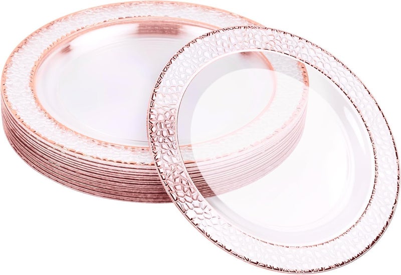 MATANA 20 Reusable 75 Inch Clear Plastic Party Plates Hammered Rose Gold Rim  Heavy Duty Fancy Salad Plates Dessert Plates  Appetizer Plates for Wedding Bridal Shower Birthday Party Events - Image 1