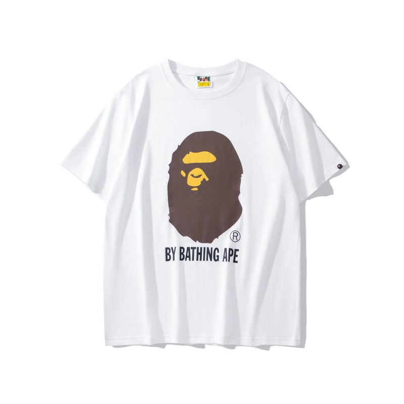 Summer Short Sleeve Brown Ape Print Cotton Tee White  - Image 1