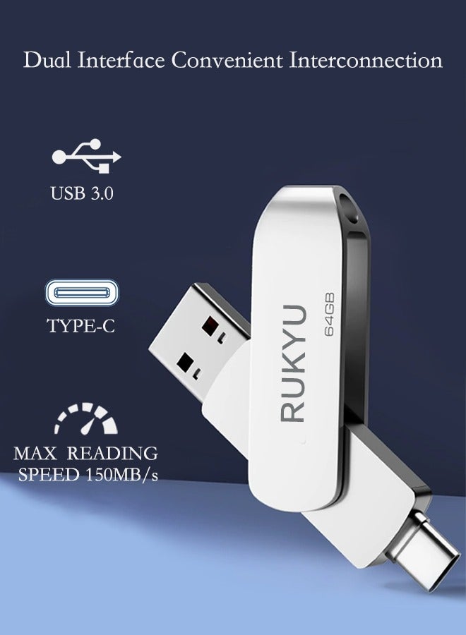 RUKYU 64G Compatible USB3.0/2.0+Type-c Dual Interface USB Flash Drive, High-Speed Storage, Read Up to 150MBps Read, Write Up to 60MBps  360-degree Rotating Protective Cover, Compatible with Computers, Tablets, Type-c Mobile Phones, Cars, Audio, TVs (64GB) - Image 3