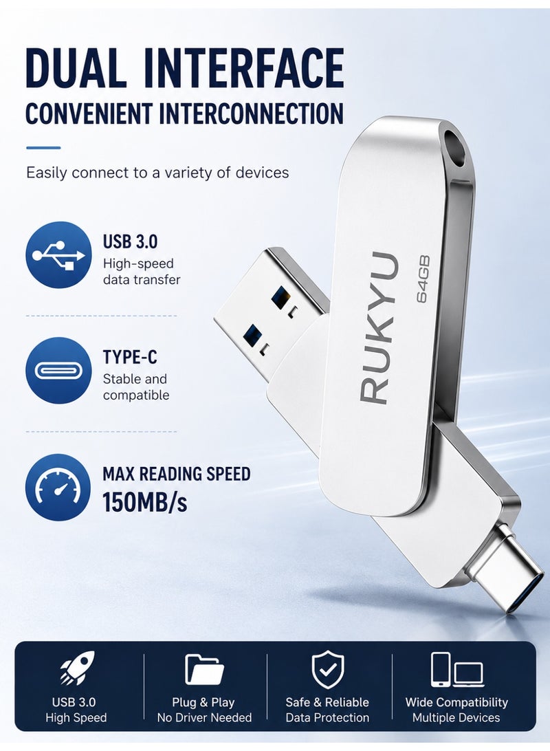 روكيو محرك أقراص فلاش USB 3.0 Type-C بتقنية OTG وسعة 64 جيجابايت، يتميز بسرعة نقل بيانات عالية تصل إلى 150 ميجابايت/ثانية وموصل مزدوج؛ وحدة تخزين خارجية متوافقة مع هواتف أندرويد، والأجهزة اللوحية، وأجهزة الكمبيوتر المحمولة والمكتبية، وأجهزة التلفاز الذكية، وأنظمة الصوت في السيارات. - Image 3
