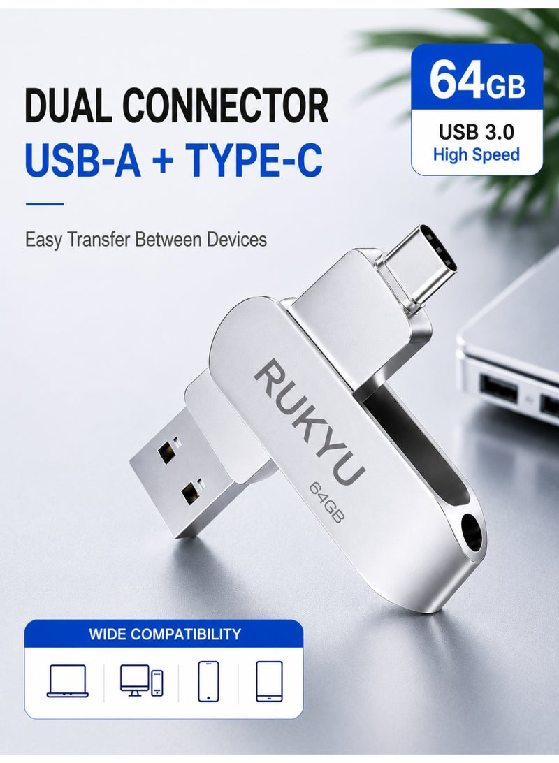 روكيو محرك أقراص فلاش USB 3.0 Type-C بتقنية OTG وسعة 64 جيجابايت، يتميز بسرعة نقل بيانات عالية تصل إلى 150 ميجابايت/ثانية وموصل مزدوج؛ وحدة تخزين خارجية متوافقة مع هواتف أندرويد، والأجهزة اللوحية، وأجهزة الكمبيوتر المحمولة والمكتبية، وأجهزة التلفاز الذكية، وأنظمة الصوت في السيارات. - Image 1