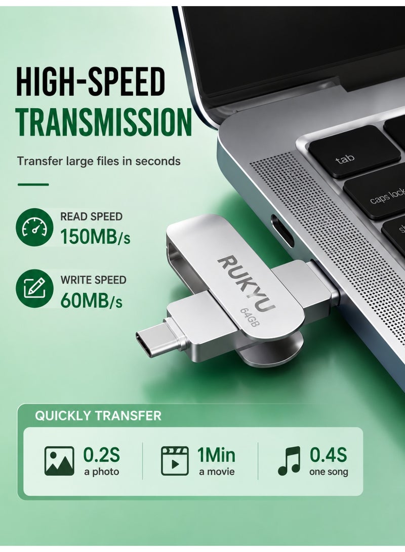 روكيو محرك أقراص فلاش USB 3.0 Type-C بتقنية OTG وسعة 64 جيجابايت، يتميز بسرعة نقل بيانات عالية تصل إلى 150 ميجابايت/ثانية وموصل مزدوج؛ وحدة تخزين خارجية متوافقة مع هواتف أندرويد، والأجهزة اللوحية، وأجهزة الكمبيوتر المحمولة والمكتبية، وأجهزة التلفاز الذكية، وأنظمة الصوت في السيارات. - Image 4