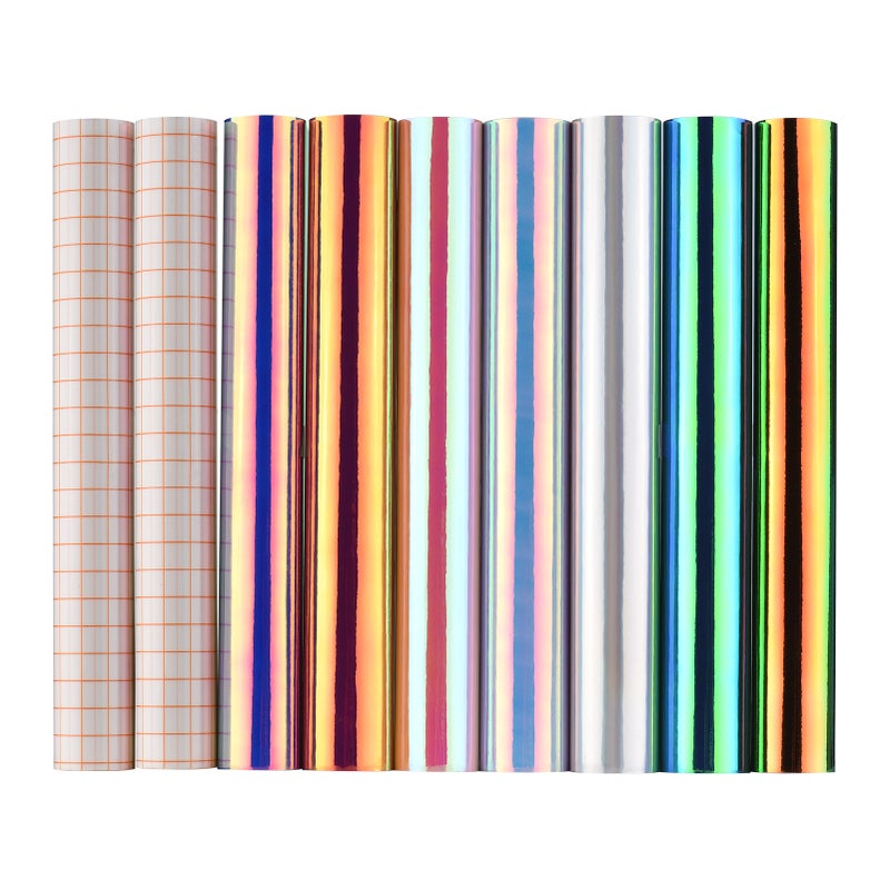 Holographic Adhesive Craft Vinyl 30.5x30.5cm/12x12In 7 Assorted Colors with 2 Pieces of Transfer Film Compatible with Cricut Silhouette Cameo Decals Signs Home Decoration DIY Crafts - Image 1