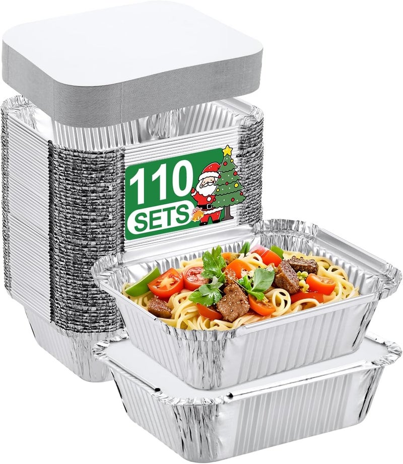 NEEBAKE 110 Pack 5x4 Disposable Small Aluminum Pans with Cardboard Lids - 1lb-Mini-Aluminum-Foil-Pans-Tin-Foil-Takeout-Trays-Food-To-Go-Containers-for-Meal-Prep-Cooking-Roasting-Heating-Baking - Image 1
