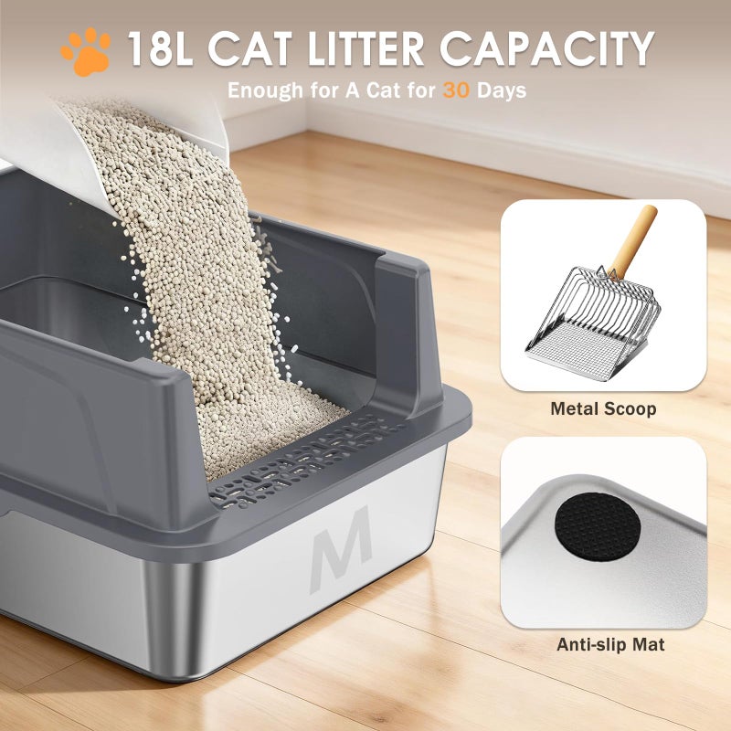 Bsemax Stainless Steel Litter Box with Lid: Metal Cat Litter Box for Small Cats with Scoop, High Sided Kitty Litter Pan Tray, 17.4'' x 13.5'' x 8.5'', Non-Stick, Anti-Leakage, Easy Cleaning (Dark Gray) - Image 2