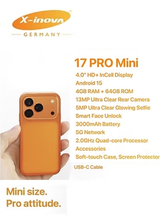 X-Inova Mini Smart Phone 17 Pro Mini 4.0" Display, 4GB+64GB Storage, 13MP Ultra Clear Rear Camera, Dual SIM Orange - Image 2
