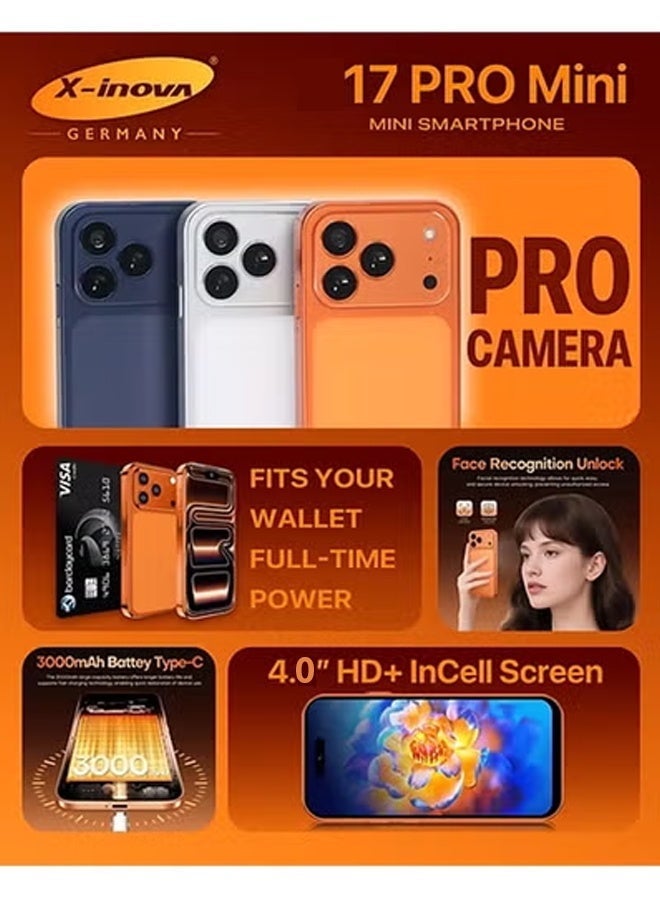X-Inova Mini Smart Phone 17 Pro Mini 4.0" Display, 4GB+64GB Storage, 13MP Ultra Clear Rear Camera, Dual SIM Orange - Image 4