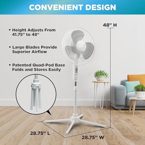 EZ-Chill 16” Oscillating Pedestal Fan, 3-speed Options, 90-Degree Oscillating Head, Adjustable Height and Tilt, Powerful Air Flow, White, MTSP15-16AZ - Image 3