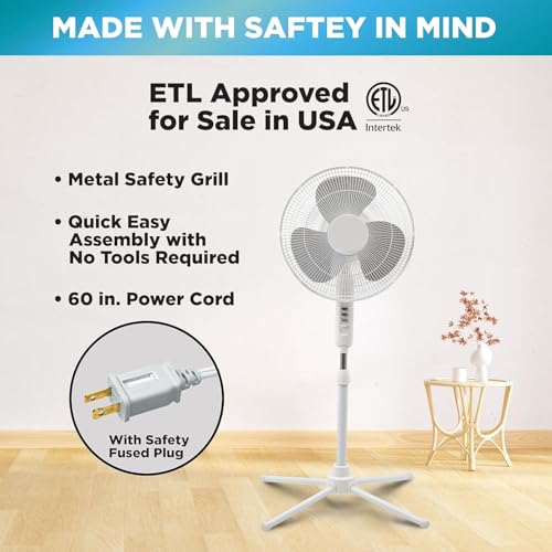 EZ-Chill 16” Oscillating Pedestal Fan, 3-speed Options, 90-Degree Oscillating Head, Adjustable Height and Tilt, Powerful Air Flow, White, MTSP15-16AZ - Image 4