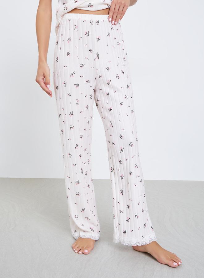 Styli Textured Ditsy Floral Lettuce Hem Bolero Sleeve Top and Pyjama Set - Image 4