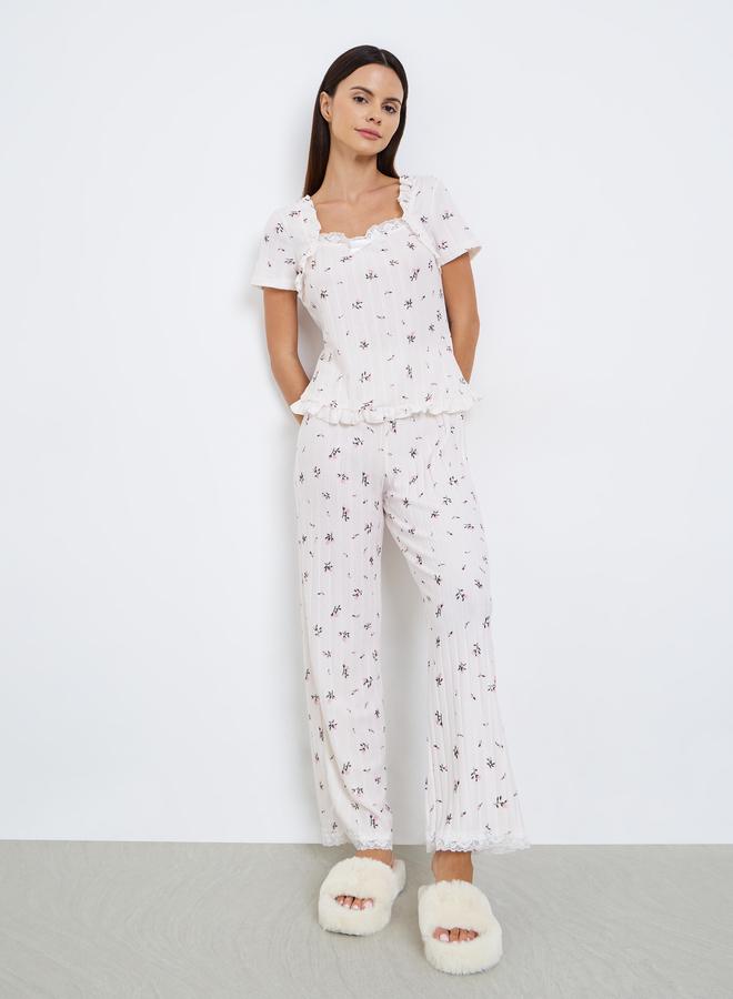 Styli Textured Ditsy Floral Lettuce Hem Bolero Sleeve Top and Pyjama Set - Image 1