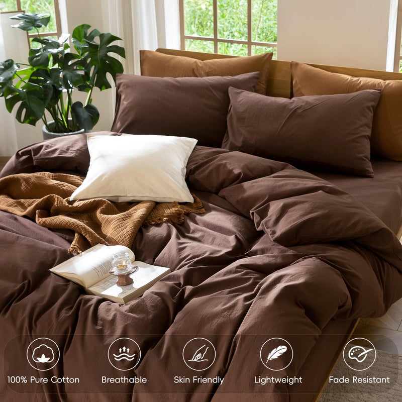 MooMee Bedding Duvet Cover Set 100% Washed Cotton Linen Like Textured Breathable Durable Soft Comfy (Solid Cocoa Brown, Queen 90"x90") - Image 4