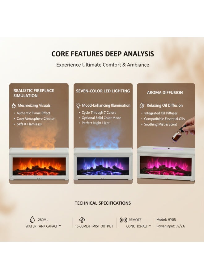 ناشر زيوت عطرية | ناشر زيوت عطرية على شكل لهب مدفأة | مرطب هواء مُحسّن للعلاج بالروائح بسبعة ألوان لهب | تشغيل هادئ، سعة ٢٨٠ مل، مع جهاز تحكم عن بُعد | مثالي لغرف النوم والمكاتب المنزلية (مدفأة بيضاء) - Image 3