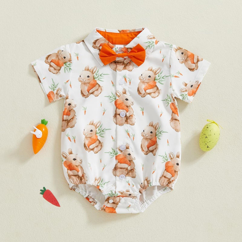 Karuedoo Newborn Baby Boy Easter Outfit Dress Shirt Bodysuit with Bowtie Button Down Short Sleeve Romper One-Piece Outfit (A-Orange Bunny Carrot, 3-6 Months) - Image 2