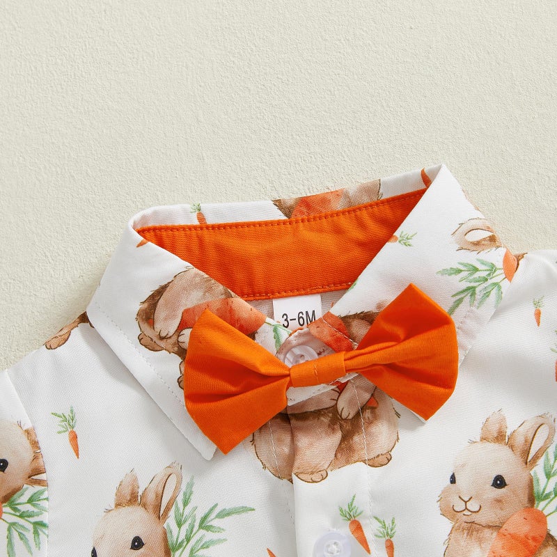 Karuedoo Newborn Baby Boy Easter Outfit Dress Shirt Bodysuit with Bowtie Button Down Short Sleeve Romper One-Piece Outfit (A-Orange Bunny Carrot, 3-6 Months) - Image 5