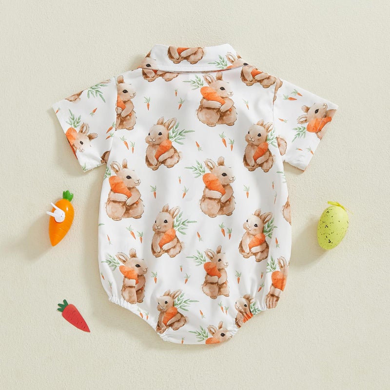 Karuedoo Newborn Baby Boy Easter Outfit Dress Shirt Bodysuit with Bowtie Button Down Short Sleeve Romper One-Piece Outfit (A-Orange Bunny Carrot, 3-6 Months) - Image 4