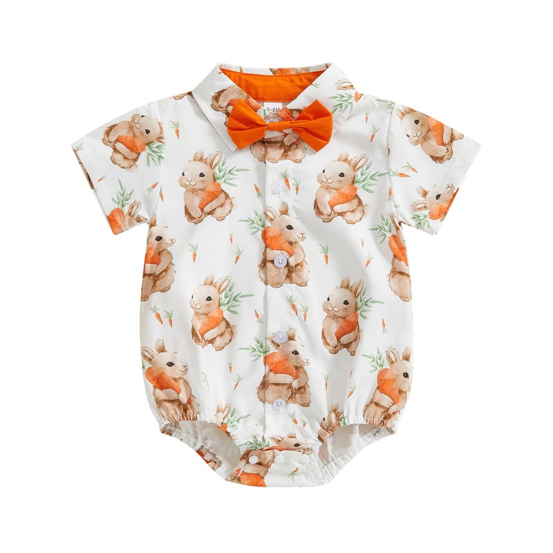 Karuedoo Newborn Baby Boy Easter Outfit Dress Shirt Bodysuit with Bowtie Button Down Short Sleeve Romper One-Piece Outfit (A-Orange Bunny Carrot, 3-6 Months) - Image 1