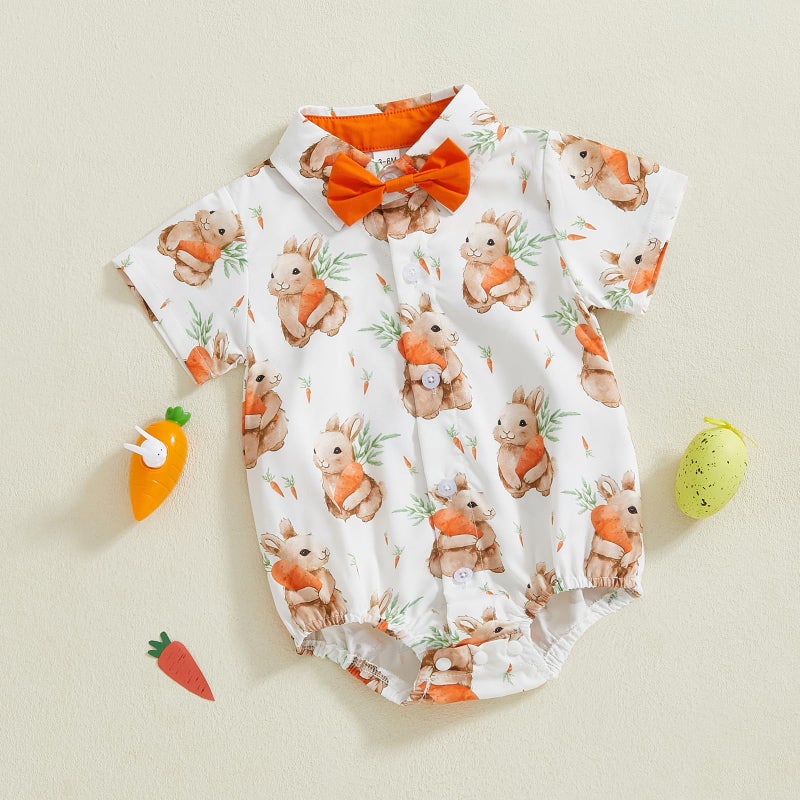 Karuedoo Newborn Baby Boy Easter Outfit Dress Shirt Bodysuit with Bowtie Button Down Short Sleeve Romper One-Piece Outfit (A-Orange Bunny Carrot, 3-6 Months) - Image 3