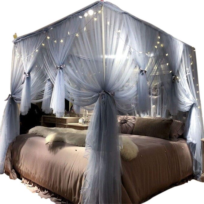 4 CORNERS POST CANOPY BED CURTAIN FOR GIRLS ADULTS ROYAL LUXURIOUS COZY DRAPE NETTING CUTE PRINCESS BEDROOM DECORATION ACCESSORIES GRAYBLUE KING