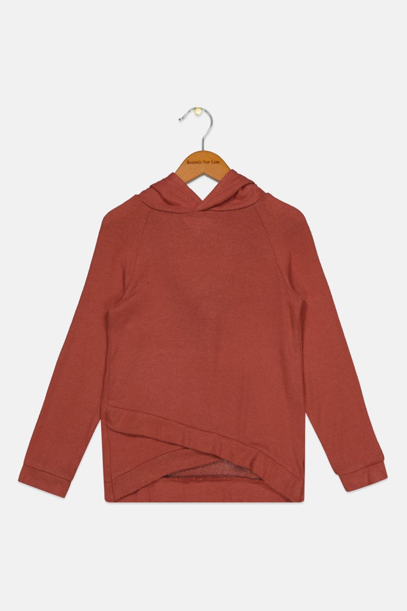RR Kids Girl Plain Tulip Hem Hoodie, Rust  - Image 1