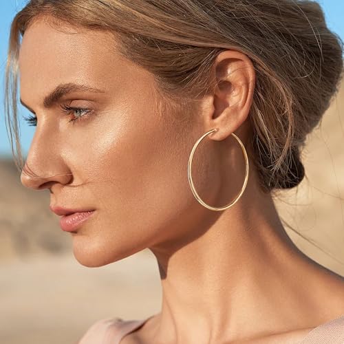 Gacimy 14K Gold Plated Hoop Earrings for Women, 14K Gold Plated Hoops with 925 Sterling Silvertone Post, Yellow Color 50mm Big Earrings for Women - Image 3