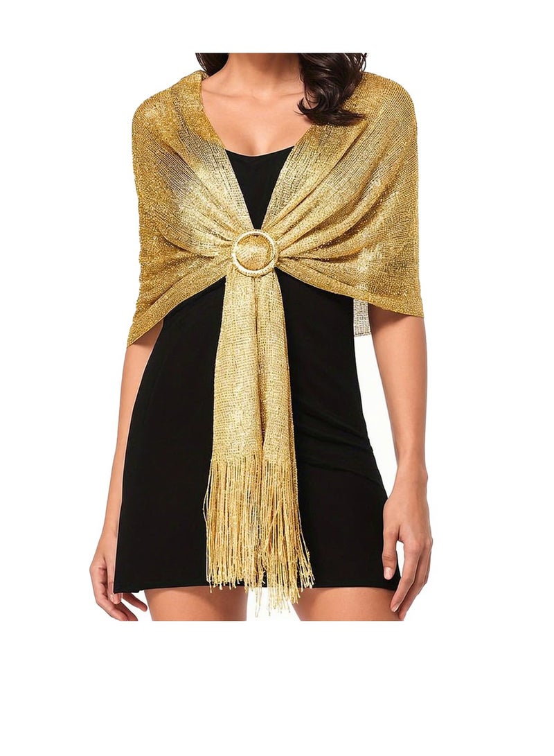 Metallic Shawls anWraps with Buckle, Gold, Tassel Design, for Evening Dresses, Weddings - Image 1